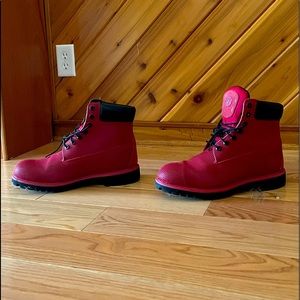 Red, size 12, Timberland Work boots.